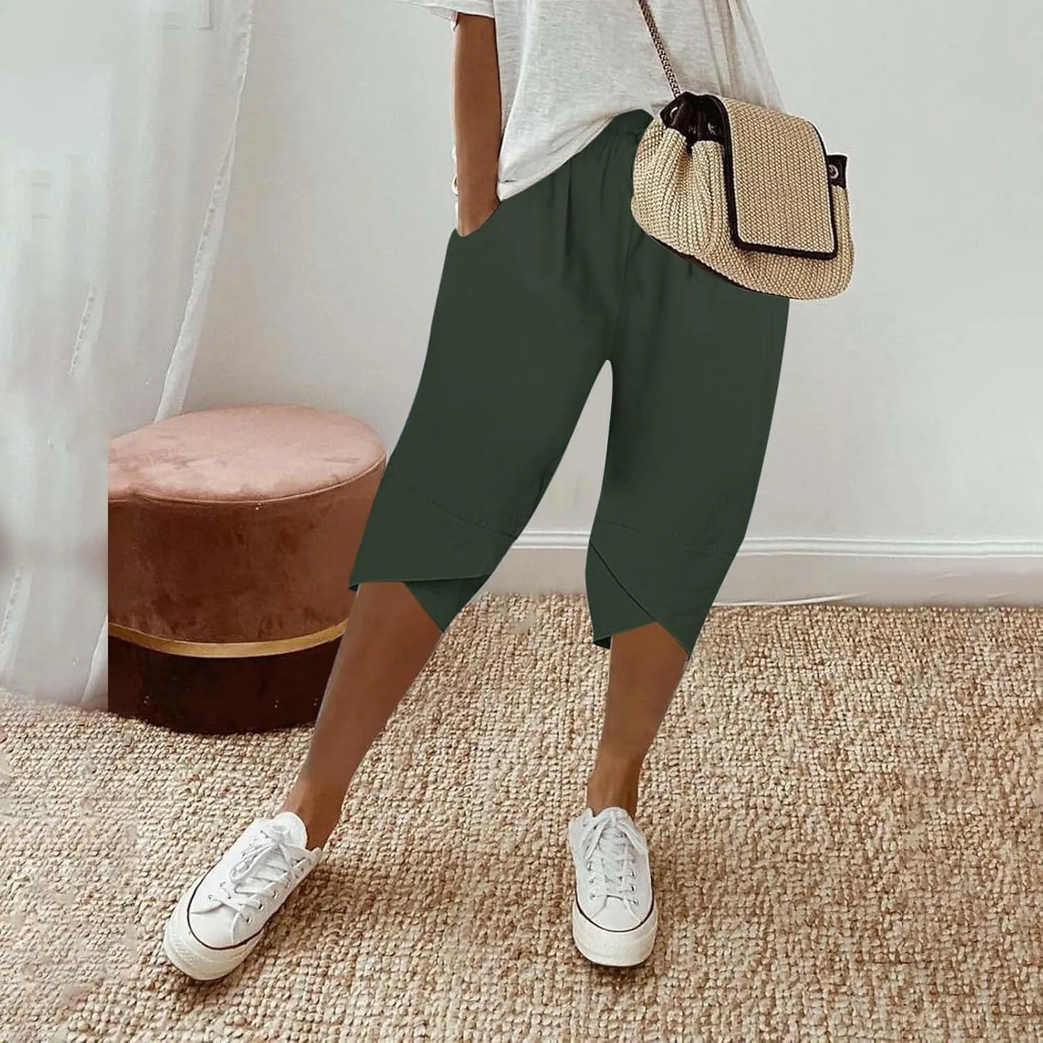 Women's Linen Pants Wide Leg Work Dress Pants Drawstring Casual Solid Color Shorts Cotton Linen Pants Casual 2025