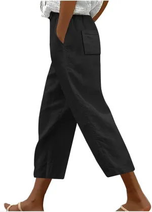 Women's Linen Summer Palazzo Pants Linen Elastic Seven Pants Beach Casual Pants Linen Loose Drawstring Elastic Waist