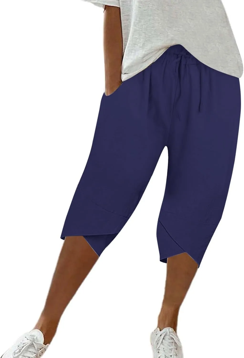 Women's Linen Summer Palazzo Pants Loose Drawstring Casual Solid Color Shorts Casual Elastic Waist Comfy Trousers