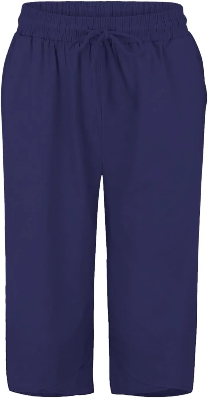 Women's Linen Summer Palazzo Pants Loose Drawstring Casual Solid Color Shorts Casual Elastic Waist Comfy Trousers