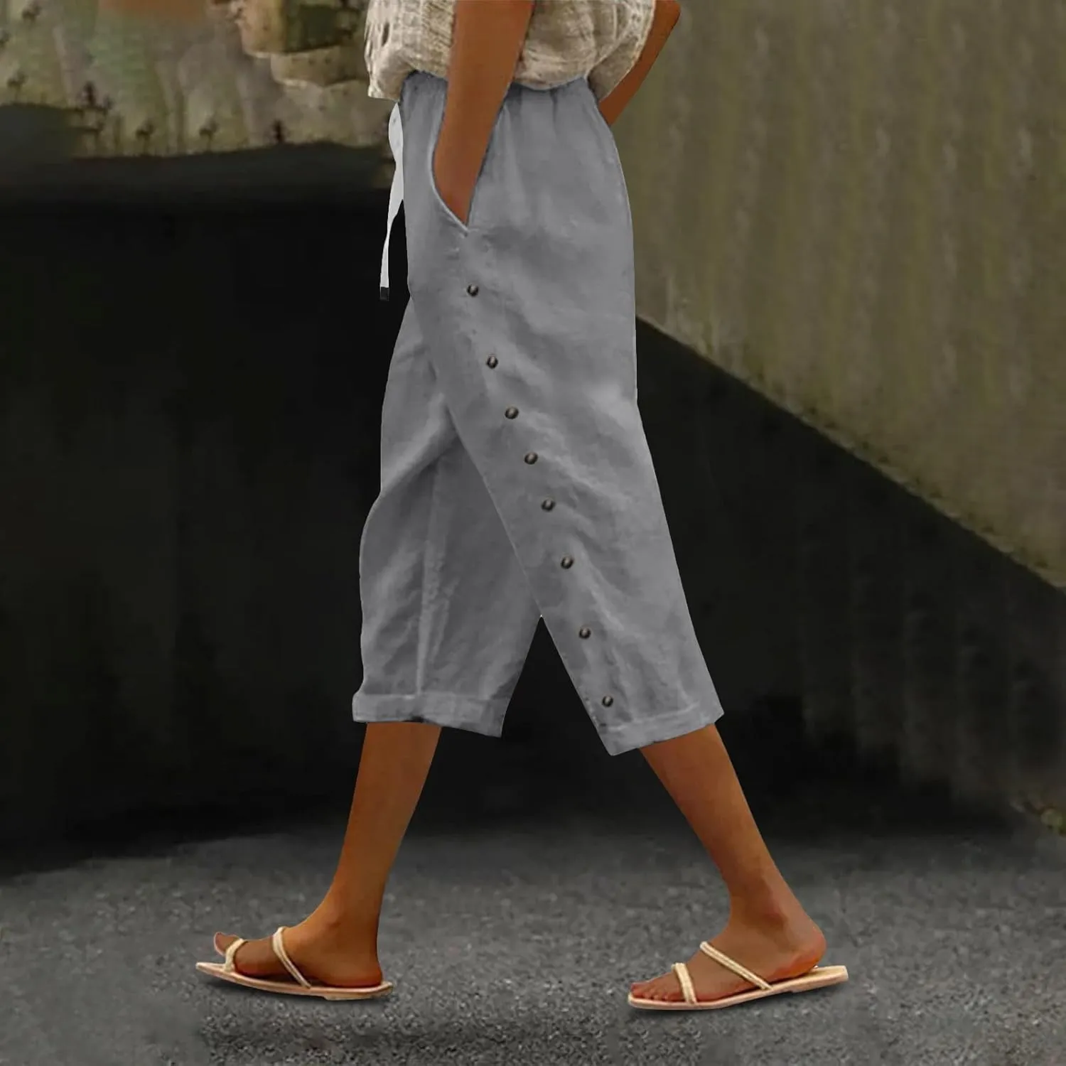 Women's Pants Solid Color Cotton Linen Elastic Seven Pants Beach Casual Linen Cotton Linen Pants Casual 2025