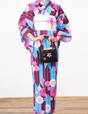 Women's Yukata - wine, blue and pink arrows and cherry blossom print
