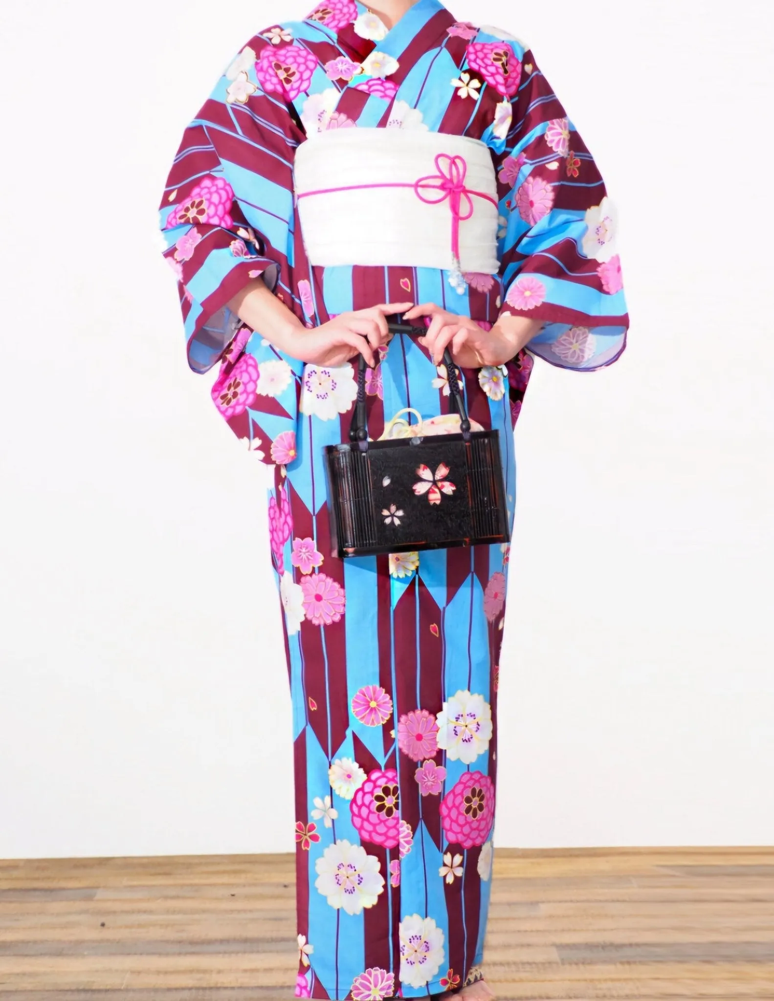 Women's Yukata - wine, blue and pink arrows and cherry blossom print