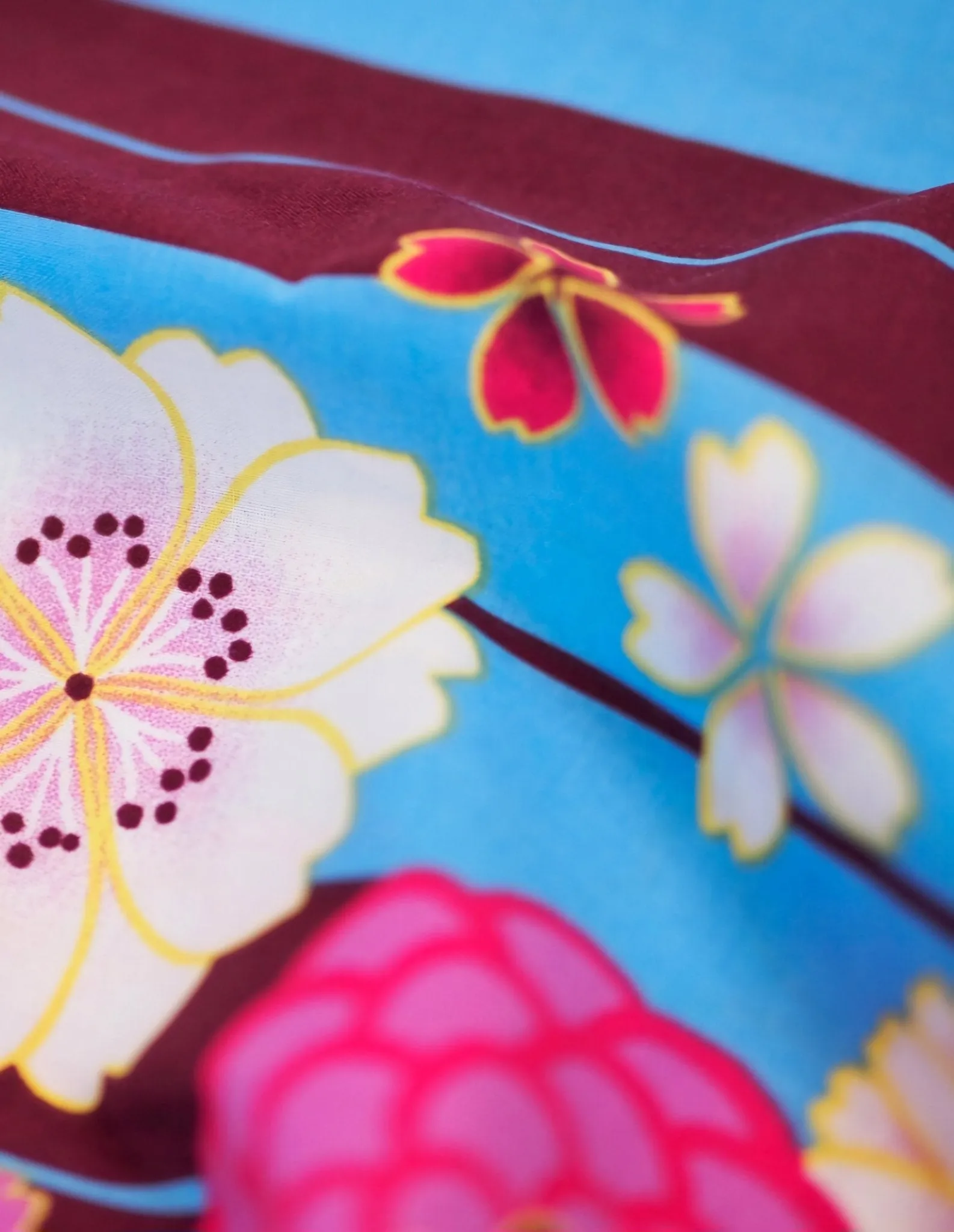 Women's Yukata - wine, blue and pink arrows and cherry blossom print