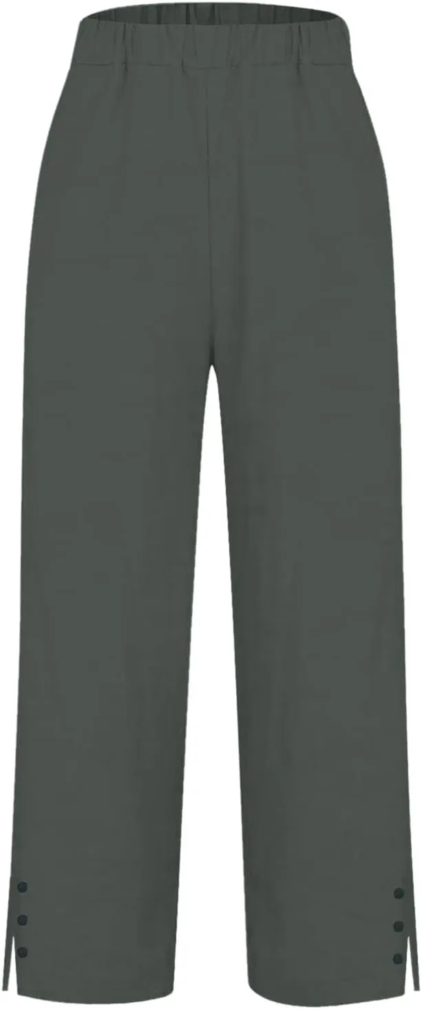 Workout Sets for Women Elastic Pants Long Drawstring Linen Women Waist Cotton Casual Slit Trouser Legs Pants Flowy Wide