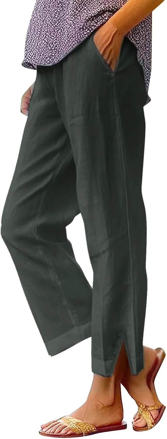 Workout Sets for Women Elastic Pants Long Drawstring Linen Women Waist Cotton Casual Slit Trouser Legs Pants Flowy Wide
