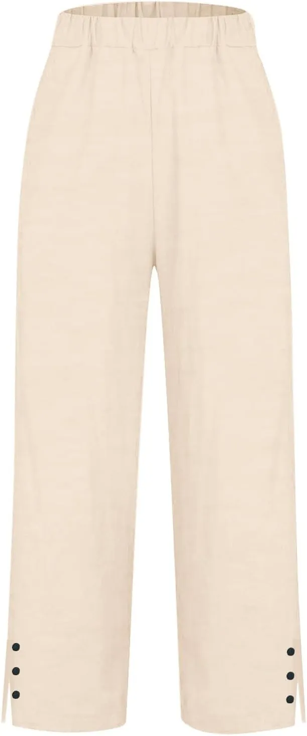 Workout Sets for Women Elastic Pants Long Drawstring Linen Women Waist Cotton Casual Slit Trouser Legs Pants Flowy Wide