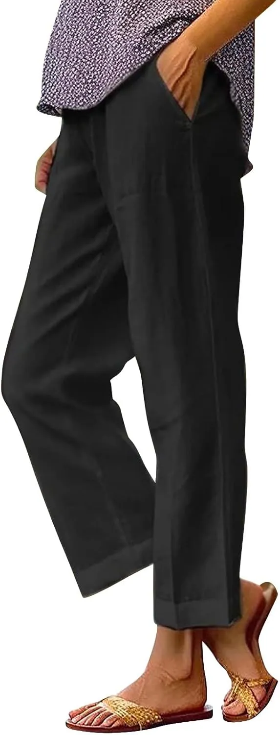 Workout Sets for Women Elastic Pants Long Drawstring Linen Women Waist Cotton Casual Slit Trouser Legs Pants Flowy Wide