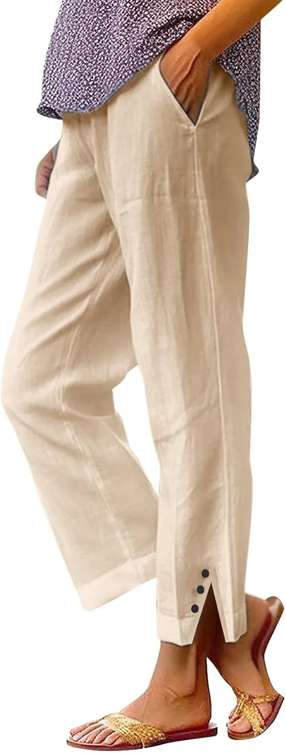 Workout Sets for Women Elastic Pants Long Drawstring Linen Women Waist Cotton Casual Slit Trouser Legs Pants Flowy Wide