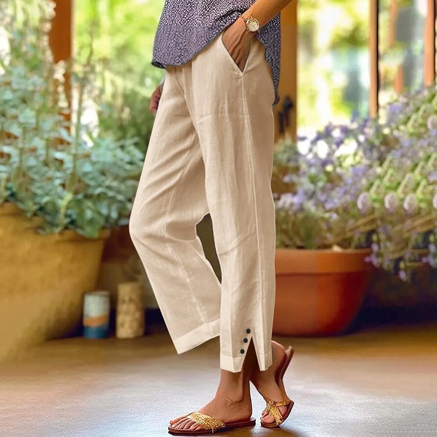 Workout Sets for Women Elastic Pants Long Drawstring Linen Women Waist Cotton Casual Slit Trouser Legs Pants Flowy Wide