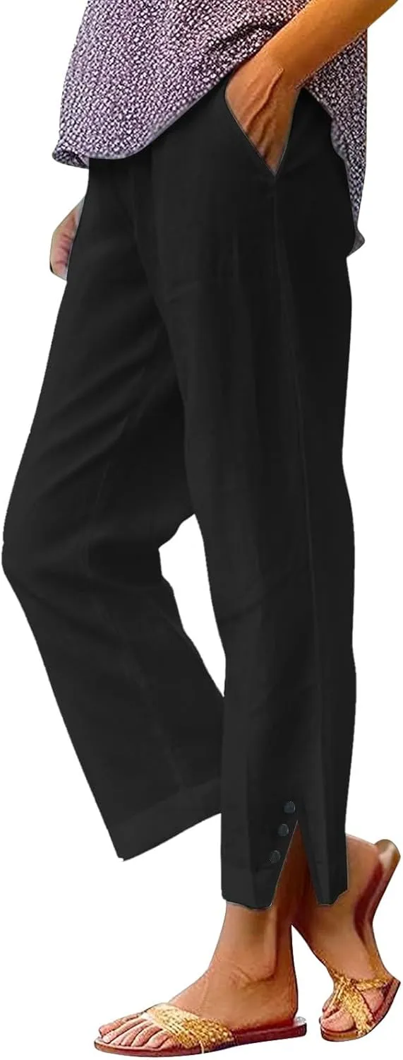 Workout Sets for Women Elastic Pants Long Drawstring Linen Women Waist Cotton Casual Slit Trouser Legs Pants Flowy Wide