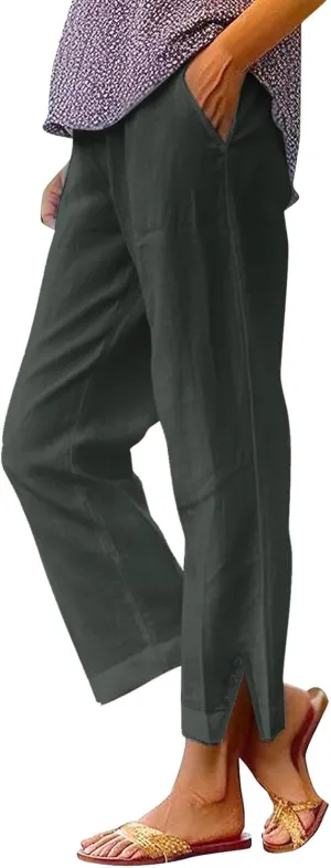 Workout Sets for Women Elastic Pants Long Drawstring Linen Women Waist Cotton Casual Slit Trouser Legs Pants Flowy Wide