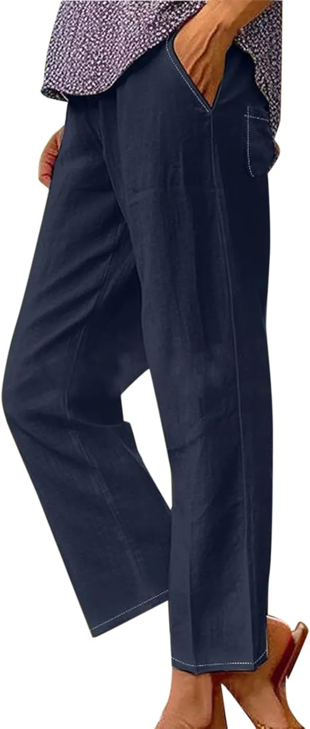 Workout Sets for Women Elastic Pants Long Drawstring Linen Women Waist Cotton Casual Slit Trouser Legs Pants Flowy Wide